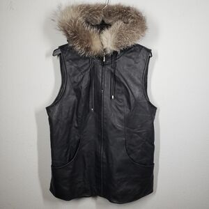 Damselle New York Leather Vest Black Faux Fur Trim Hooded Sleeveless Size Small